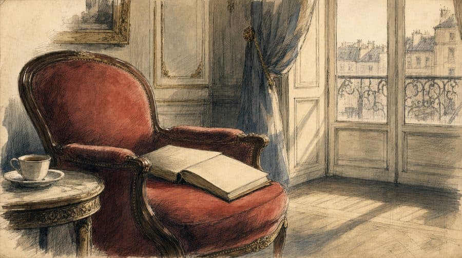 Un fauteuil, un livre ouvert et une tasse posée sur un guéridon.