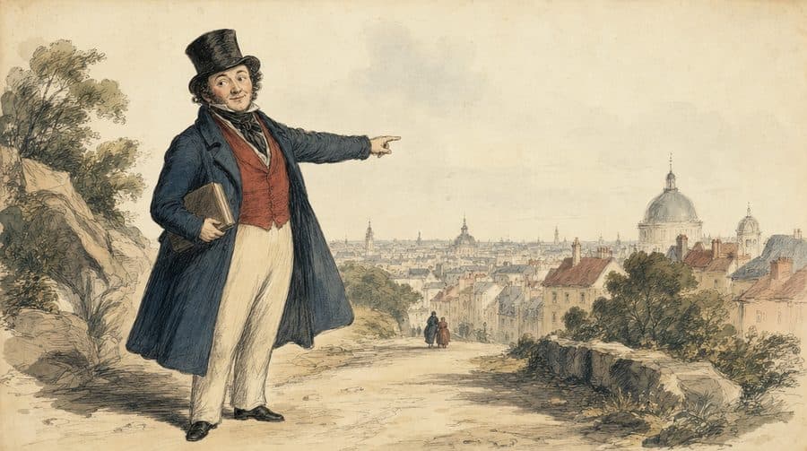 Un homme en redingote qui montre au loin une ville et son dôme.