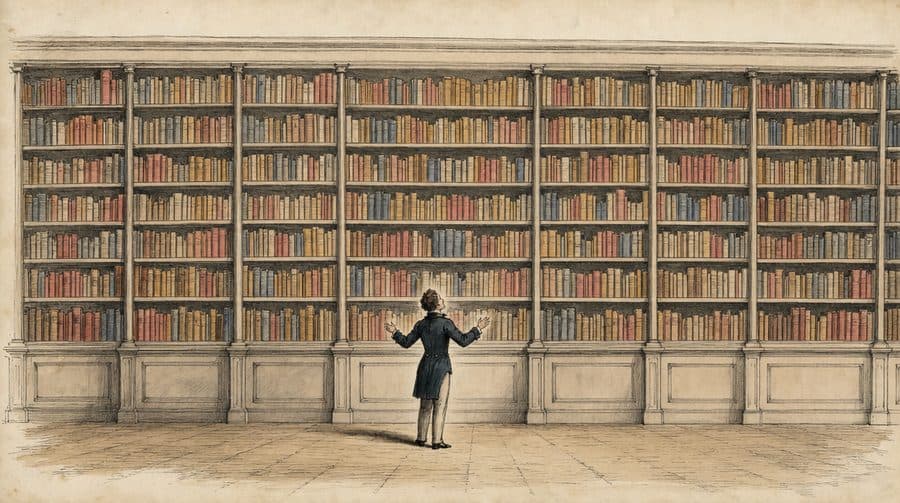 Un homme seul face à un immense mur de livres, dans une bibliothèque.