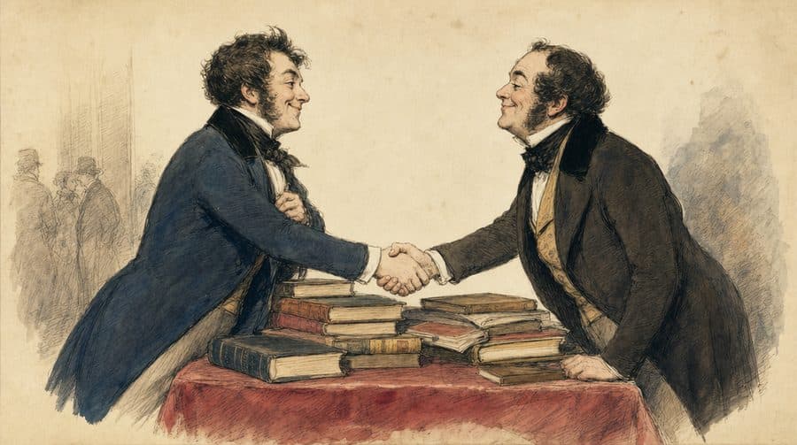 Deux hommes qui se serrent la main au-dessus d’une pile de livres.
