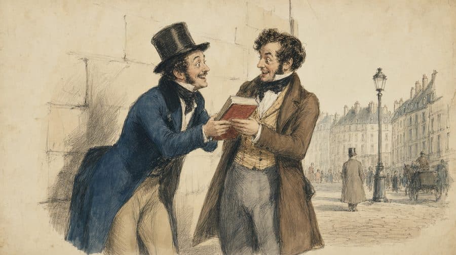 Un homme qui tend un livre à un ami, dans une rue de Paris.