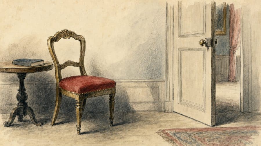 Une chaise vide devant une porte entrouverte.