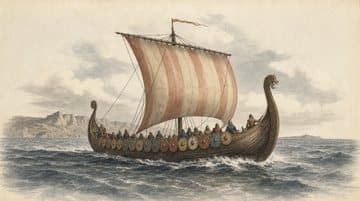 Un navire viking voile carrée gonflée, dessiné à l’aquarelle.