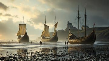Des navires vikings échoués sur une plage au petit matin.