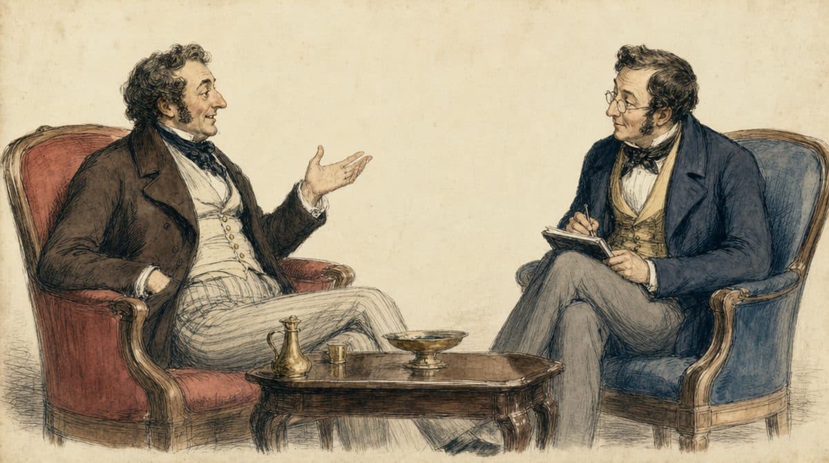 Deux hommes en conversation dans des fauteuils.