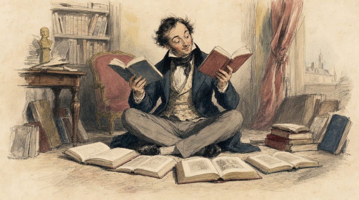 Un homme assis par terre au milieu de livres ouverts.