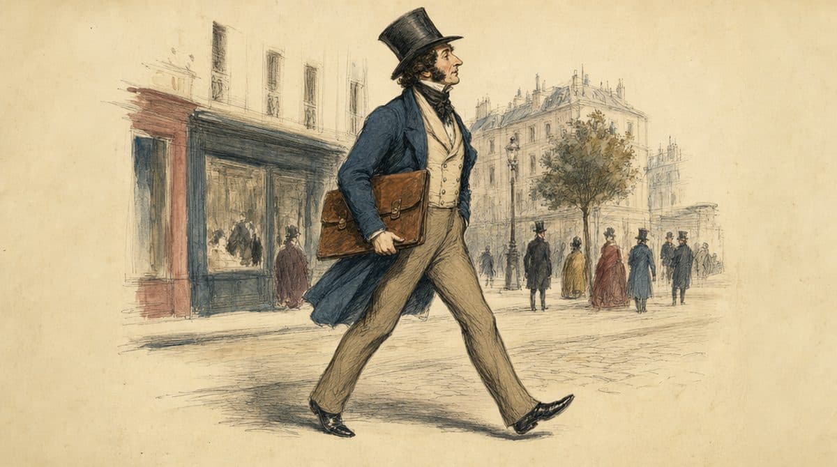 Un homme qui marche d’un bon pas dans une rue de Paris.