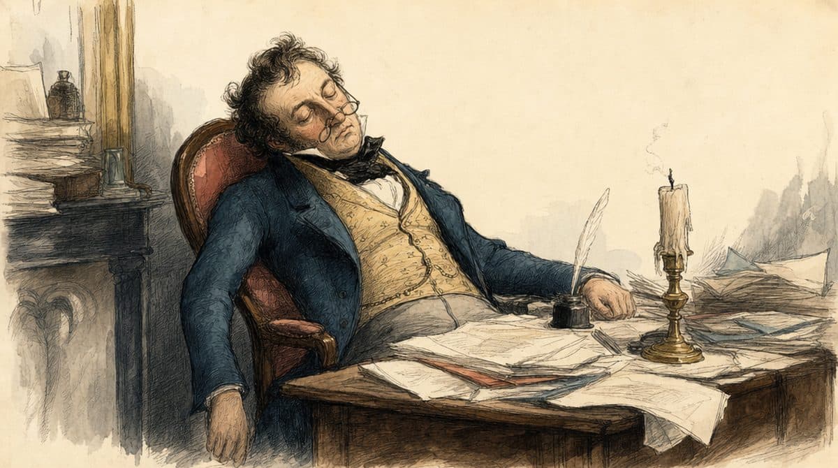 Un homme endormi à son bureau, à côté d’une chandelle.