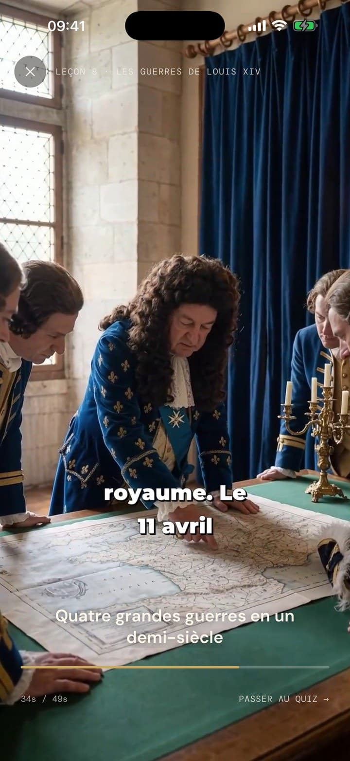Une leçon vidéo dans l’application : Louis XIV penché sur une carte, les sous-titres en bas de l’écran.