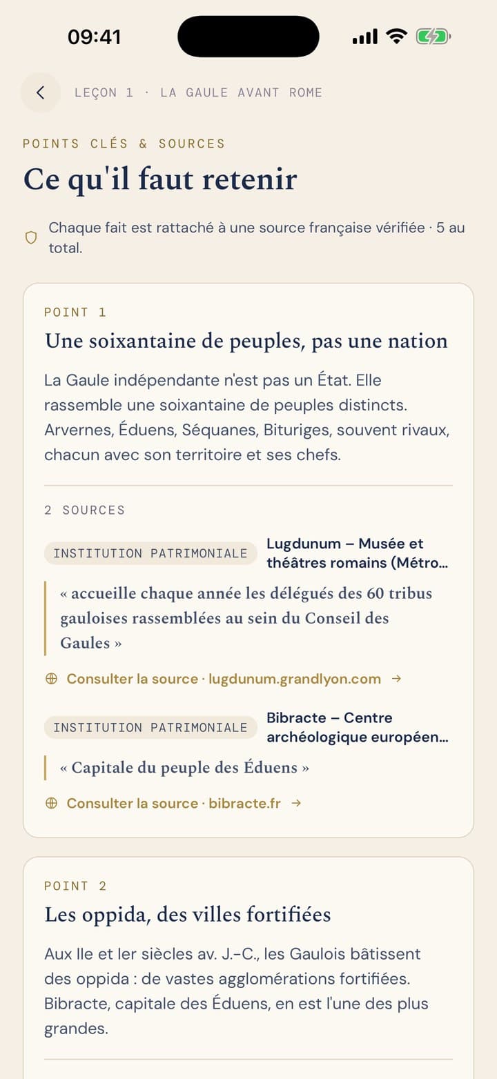 Les points clés et les sources d’une leçon dans l’application, avec les citations et les liens.