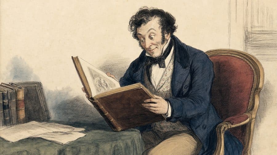 Un homme plongé dans un grand livre, assis dans un fauteuil rouge.