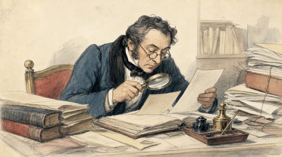 Un homme penché sur ses livres, une loupe à la main.