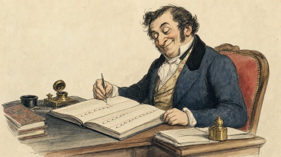 Un homme souriant qui écrit dans un grand cahier, à son bureau.
