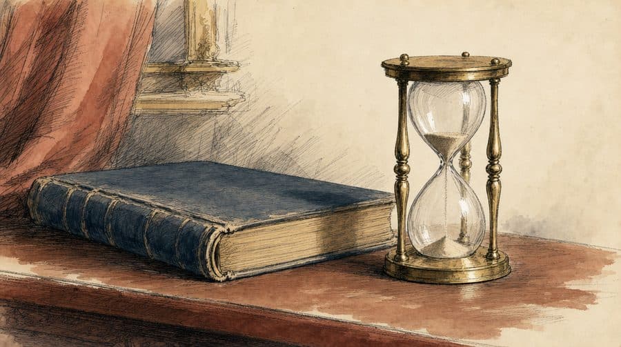 Un sablier posé sur un livre relié.
