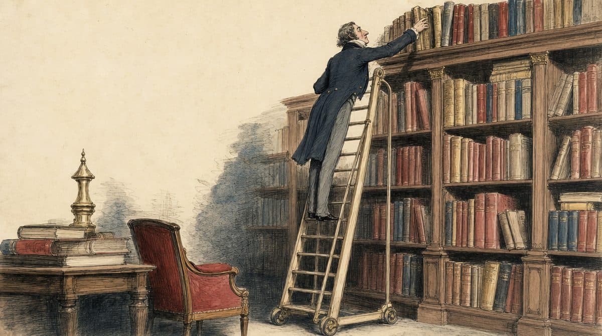 Un homme sur une échelle devant une bibliothèque, rangeant un livre.