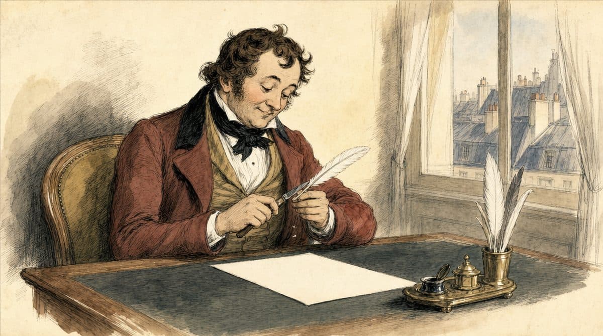 Un homme souriant, plume à la main, devant une page blanche.
