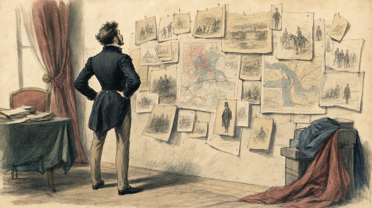 Un homme du XIXe siècle devant un mur couvert de gravures et de cartes.